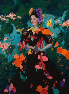"Forest Bathing" oil painting of ornate woman and pattern drawn from Koi pond
