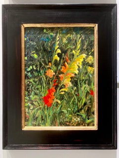 "Gladioli" -oil painting, still life, close up of garden flower, warm tones