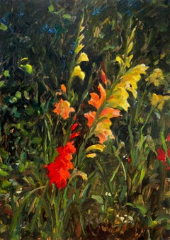 "Gladiolen" - Ölgemälde, Stillleben, Nahaufnahme einer Gartenblume, warme Farbtöne