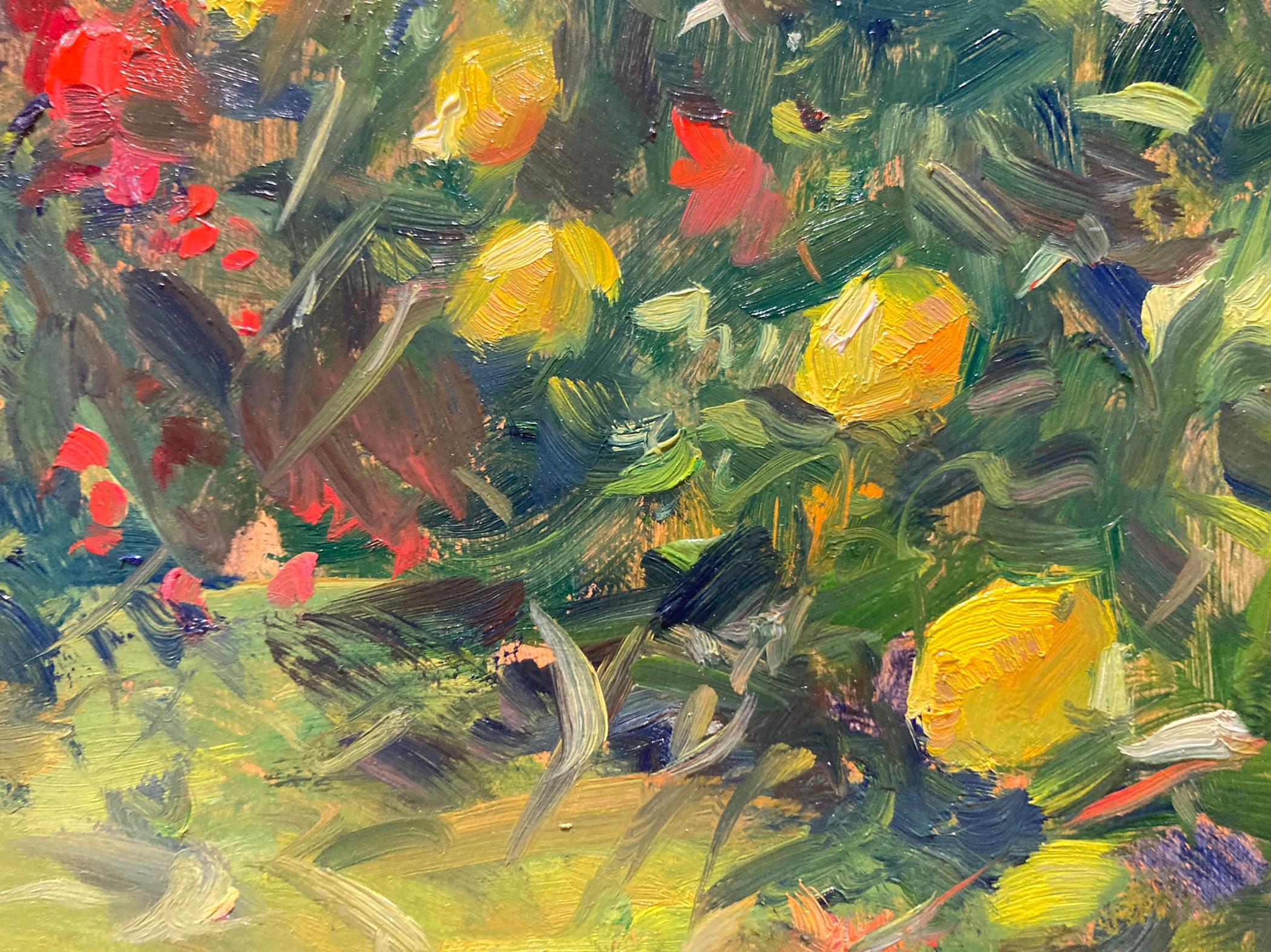 Une peinture en plein air de fleurs lumineuses poussant dans un jardin. Up&Up encadre une composition très rapprochée pour montrer pleinement la richesse des fleurs dans cette peinture impressionniste sur panneau. 

Dimensions encadrées : 19.5 x