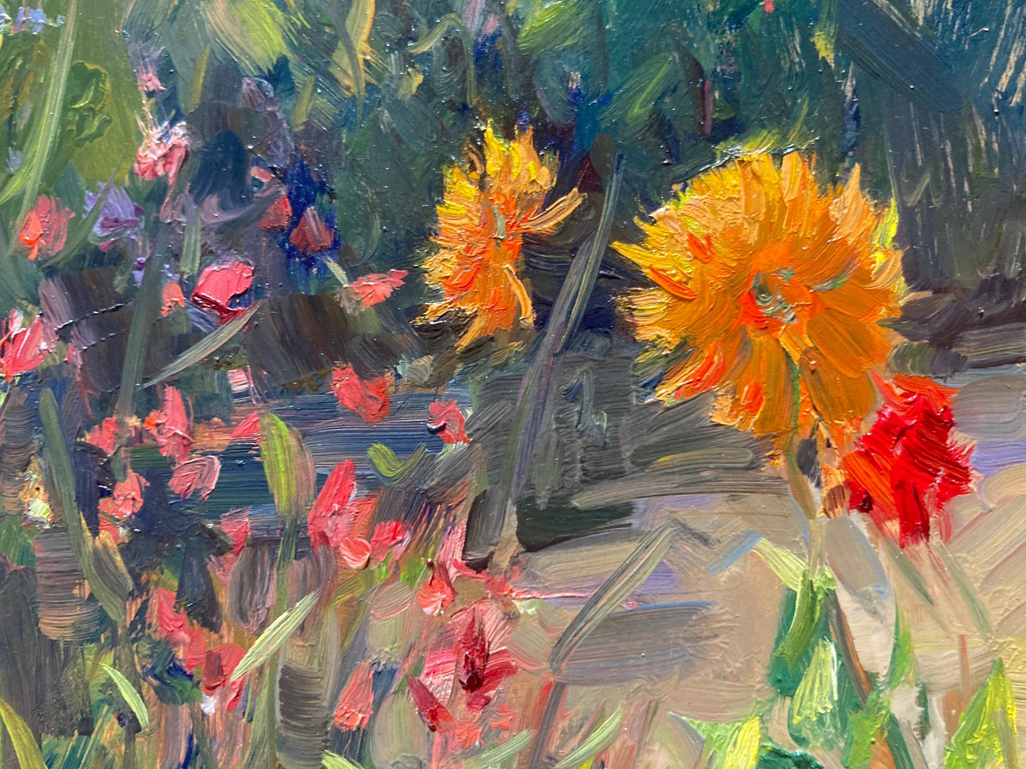 A plein-air painting of bright flowers growing in a garden. Orsolic Dalessio frames a very close-up composition to fully show the richness of the flowers in this impressionistic panel painting. 

Framed dimensions: 19.5 x 15.5 inches

Tina Orsolic