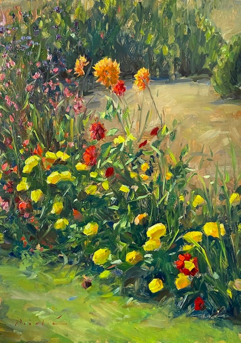 Landscape Painting Tina Orsolic Dalessio - « Dans les jardins Collegiale Notre Dame des Andelys » - peinture à l'huile, jardin français