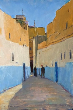 "Dans la Kazbah, Fès" peinture à l'huile contemporaine en plein air, Maroc