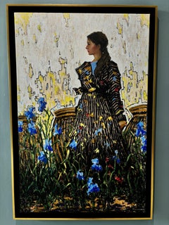 "Irises" oil on canvas figurative painting, woman among blue flowers, yellow sky