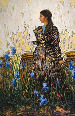 "Irises" oil on canvas figurative painting, woman among blue flowers, yellow sky