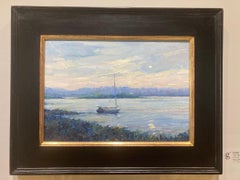 "Louse Point Moonrise" contemporary plein-air painting of sailboat, East Hampton