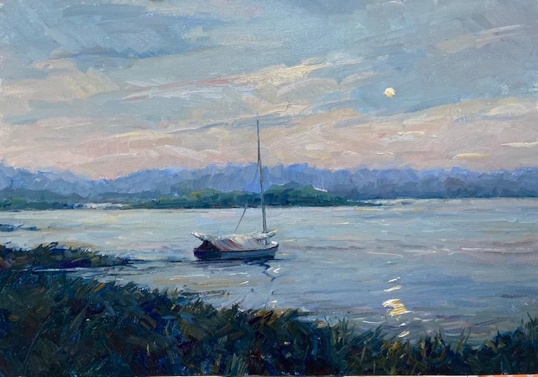 Tina Orsolic Dalessio Still-Life Painting - "Louse Point Moonrise" contemporary plein-air painting of sailboat, East Hampton
