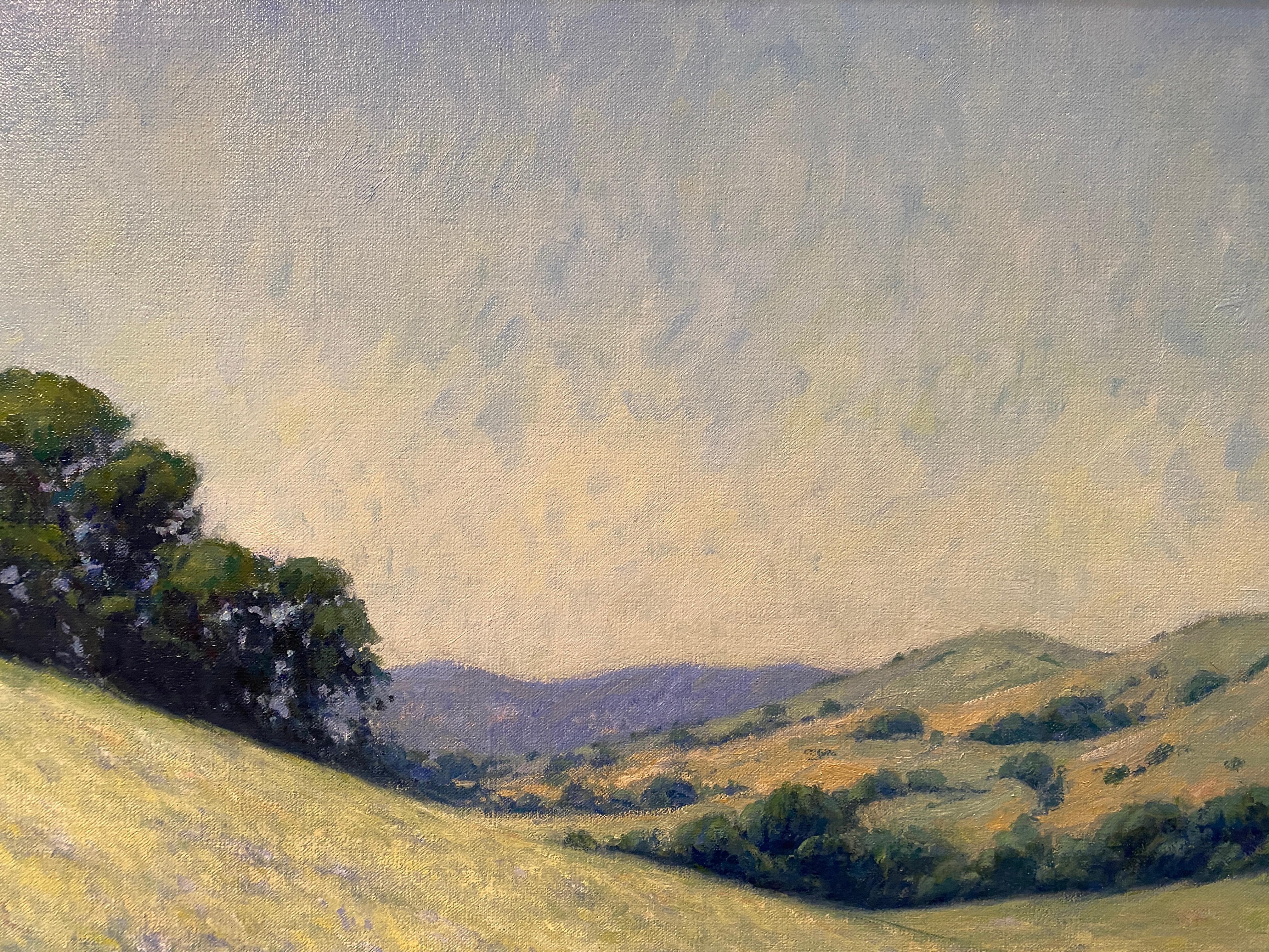 Oil painting of lupine fields at Toro Park, in California. A sunny day makes a bright blue sky, which fades to white as it inches towards the horizon. The horizon is met with distant mountains, painted in light purple. The hillsides roll diagonally