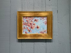 "Magnolia Blossoms, Sag Harbor" oil painting, pink flowers on blue sky, framed