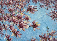 "Magnolia Blossoms, Sag Harbor" oil painting, pink flowers on blue sky, framed