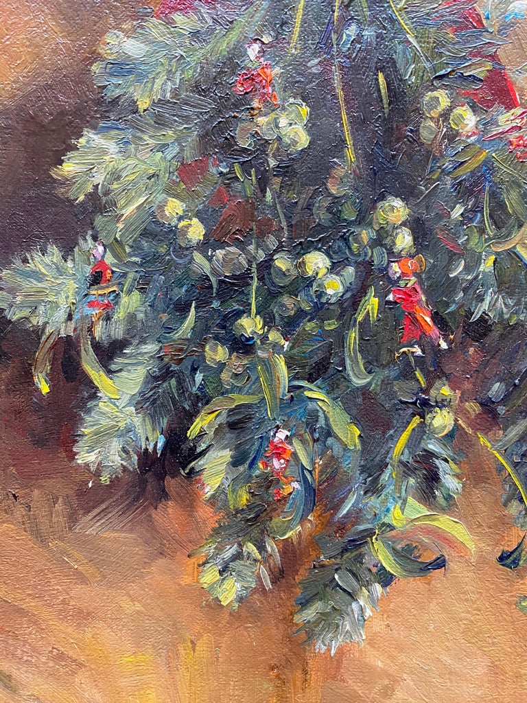 Oil painting of a a holiday bundle of mistletoe. Red berries and a red bow bring warm color to a verdant grouping of branches. Hanging from a ribbon on a nail against a tan background. 

19 x 15 inches, framed. (choice of gold or black
