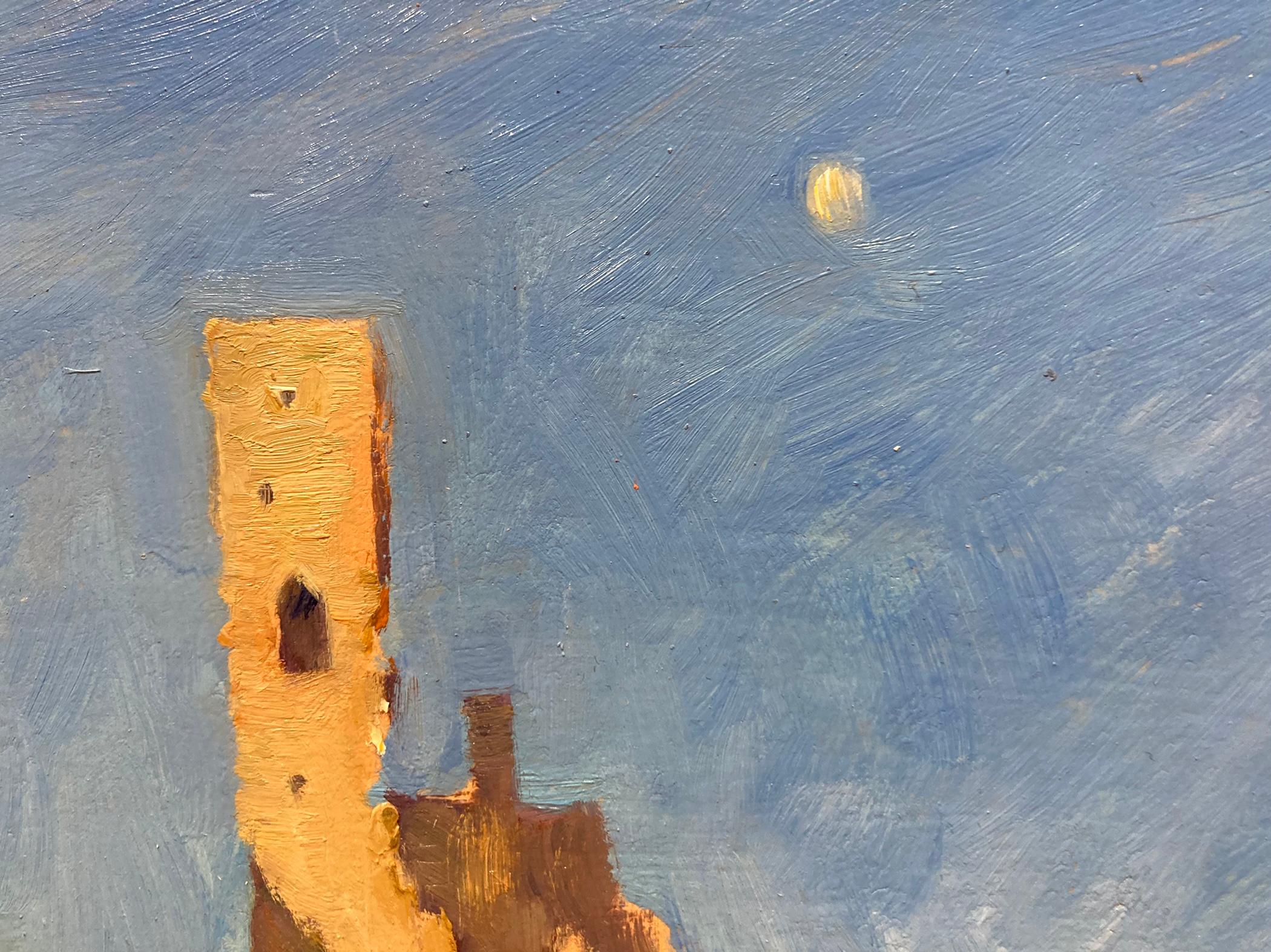 Orsolic Dalessio paints a romantic scene of a couple in the distance taking in the view of ruins atop steep cliffs. The setting sun reflects a golden hue on the tombs and cliff side while the moon rises in the background. Orsolic Dalessio captures