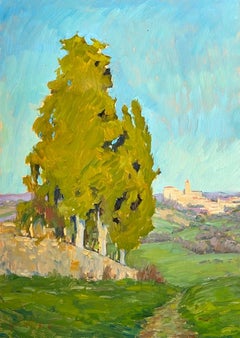 „Old Cypresses by Chapelle Saint Marie“ Pleinair-Gemälde aus Nordfrankreich