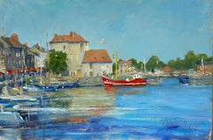"Port de Honfleur" Óleo de barcos en un puerto, Norte de Francia, Normandía