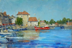 "Port de Honfleur" Oil painting of boats in a harbor, Northern France, Normandy