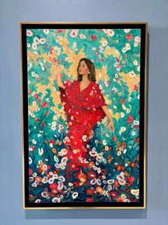 "Reverie" oil on canvas figurative painting woman in red dress, blue sky