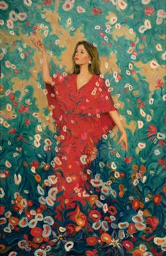 "Ensueño" óleo sobre lienzo pintura figurativa mujer con vestido rojo, cielo azul