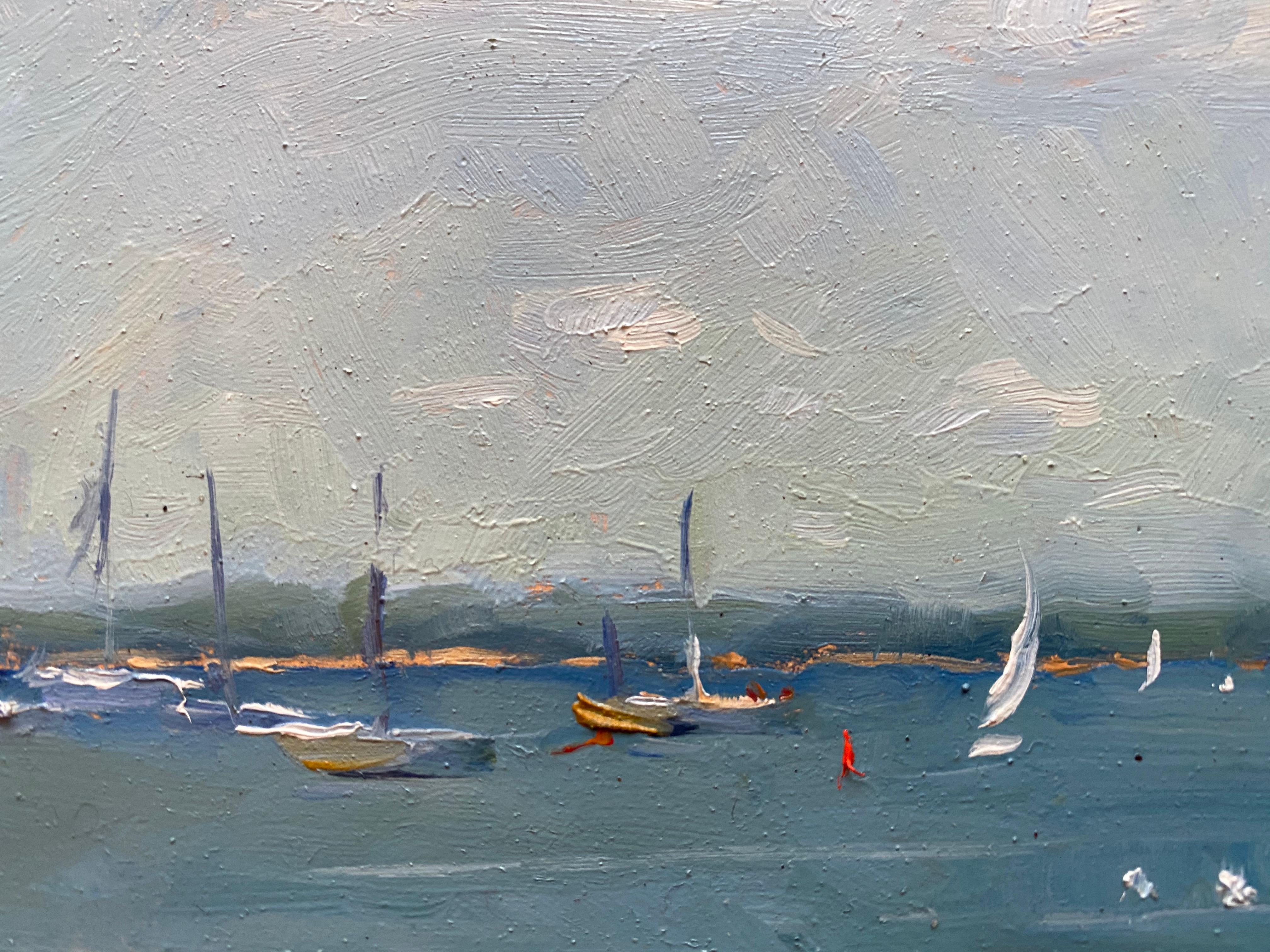 Oil painting of the bay in Sag Harbor, New York. A bright blue sky above is sprinkled with puffs of white clouds. A strip of land jutts outward toward open sea at the horizon line. Intersecting the horizon are the many masts of sailboats that occupy