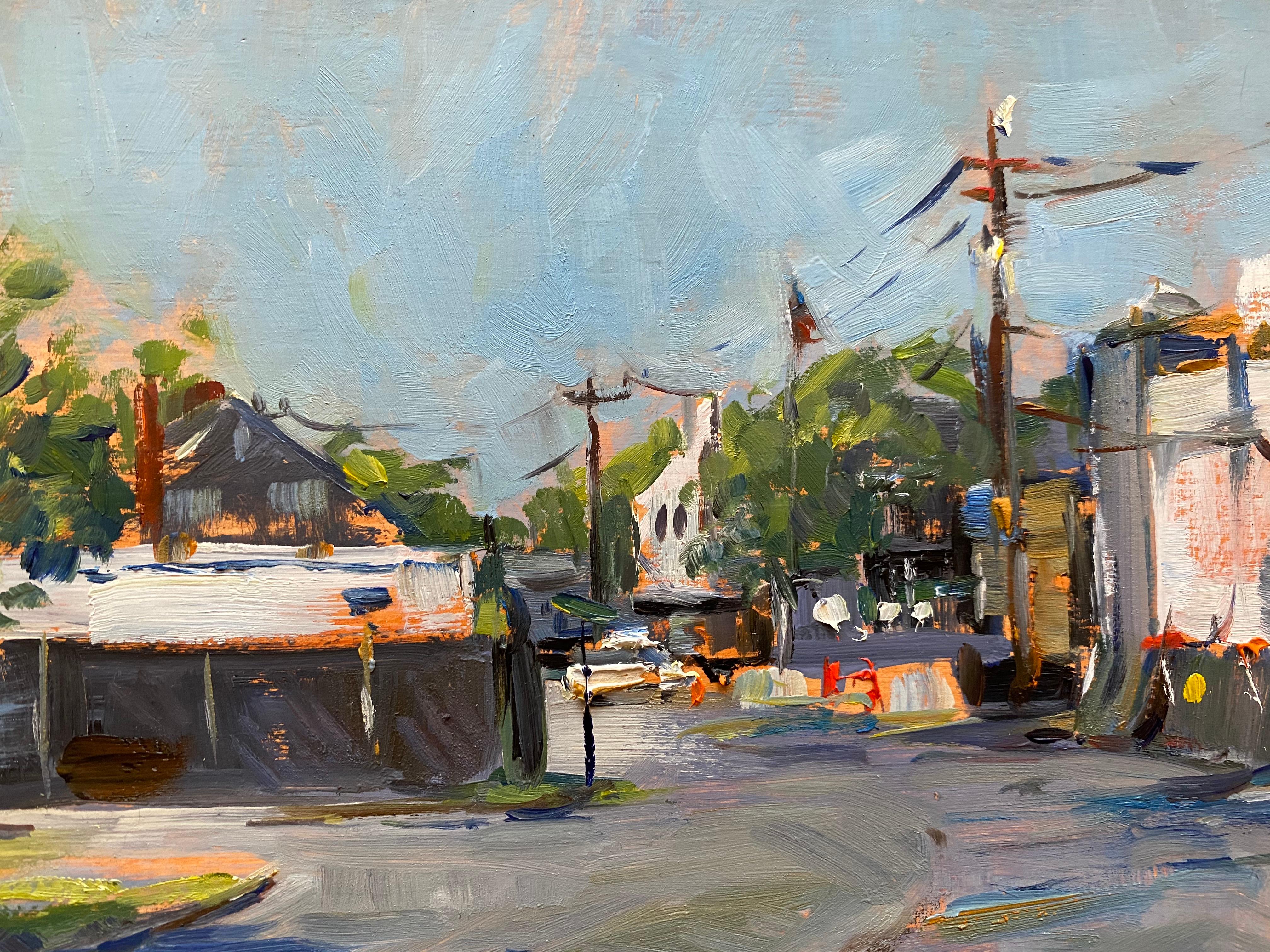 Cinema de Sag Harbor en construction - Gris Landscape Painting par Tina Orsolic Dalessio