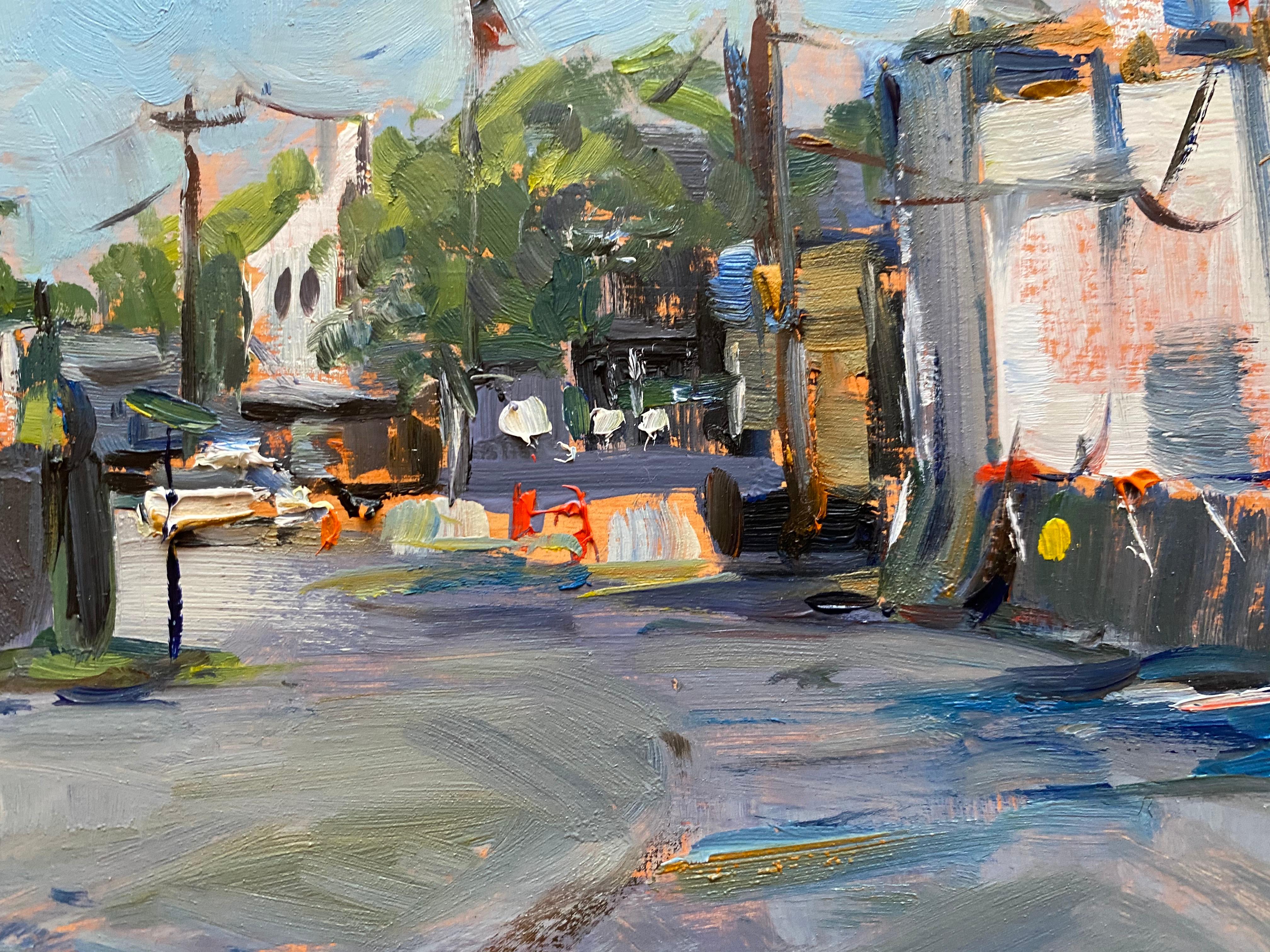 Sag Harbor Cinema Under Construction - Gray Landscape Painting by Tina Orsolic Dalessio