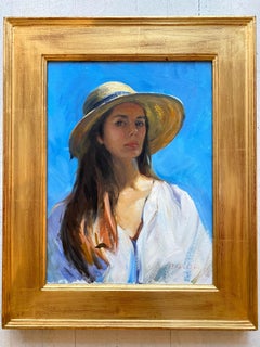 "Autorretrato En Plein Air" Pintura al óleo de mujer con sombrero de paja cielo azul realismo