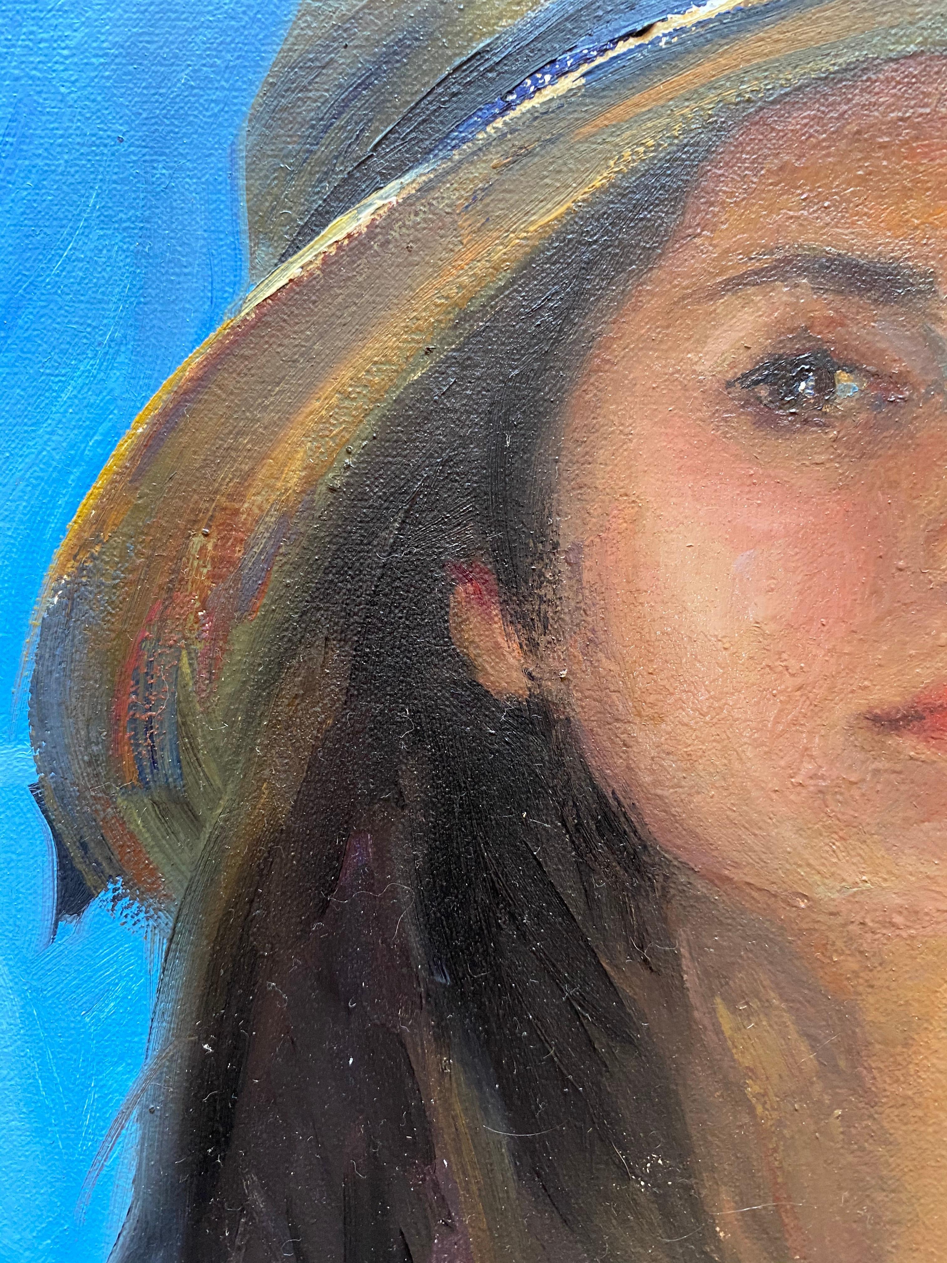 Self Portrait En Plein Air - Blue Portrait Painting by Tina Orsolic Dalessio