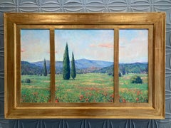 "Spring Landscape, Triptych" colorful plein air of poppy field in France