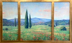 "Spring Landscape, Triptych" colorful plein air of poppy field in France