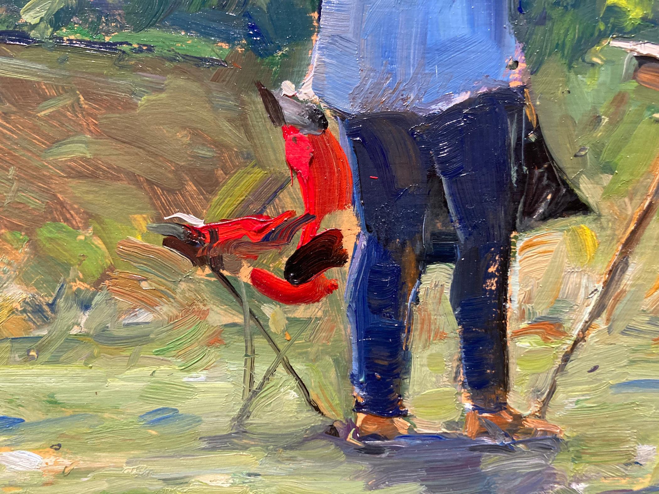 Orsolic Dalessio coinvolge lo spettatore in questo dipinto plein air. Ci sono due artisti nella scena, uno in primo piano e l'altro più in basso sulla collina. La figura in primo piano sta dipingendo una scena che non fa parte della composizione di