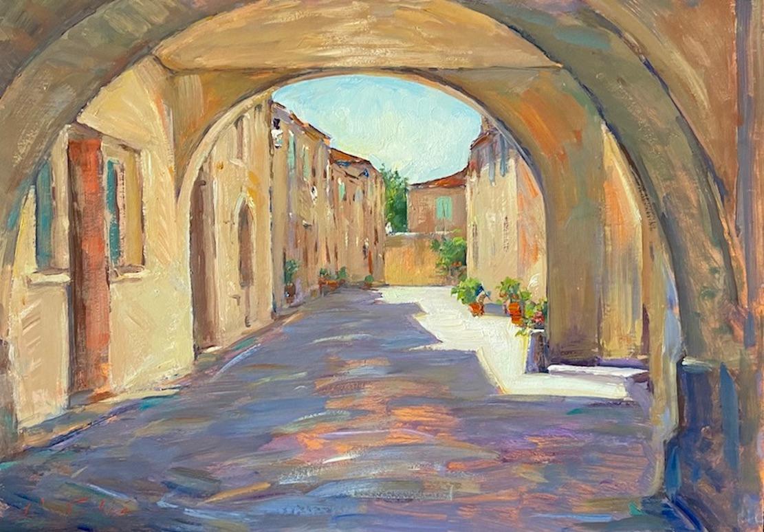 Tina Orsolic Dalessio Landscape Painting - "Under the Arches, Vic Fezensac" Plein air painting, one of a kind, oil, France