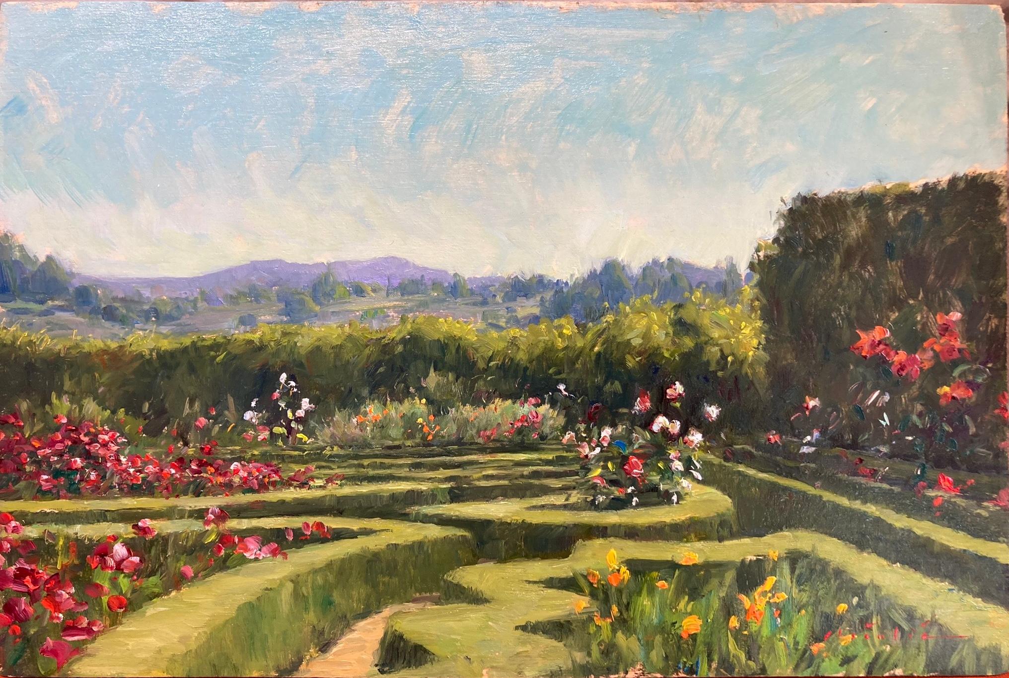 « Vue du jardin, Casa De Insua », peinture à l'huile, Portugal, jardins de château - Painting de Tina Orsolic Dalessio
