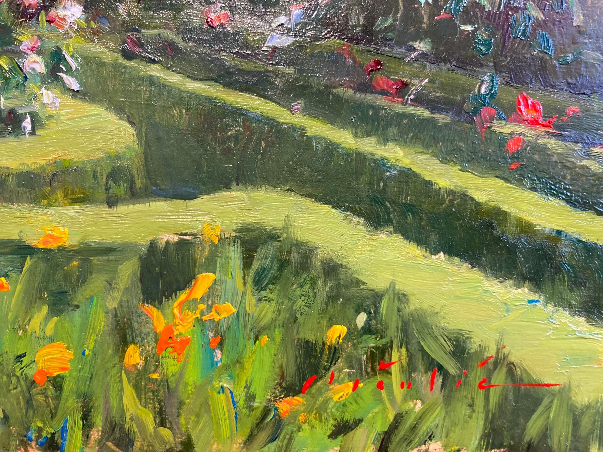 « Vue du jardin, Casa De Insua », peinture à l'huile, Portugal, jardins de château - Impressionnisme Painting par Tina Orsolic Dalessio