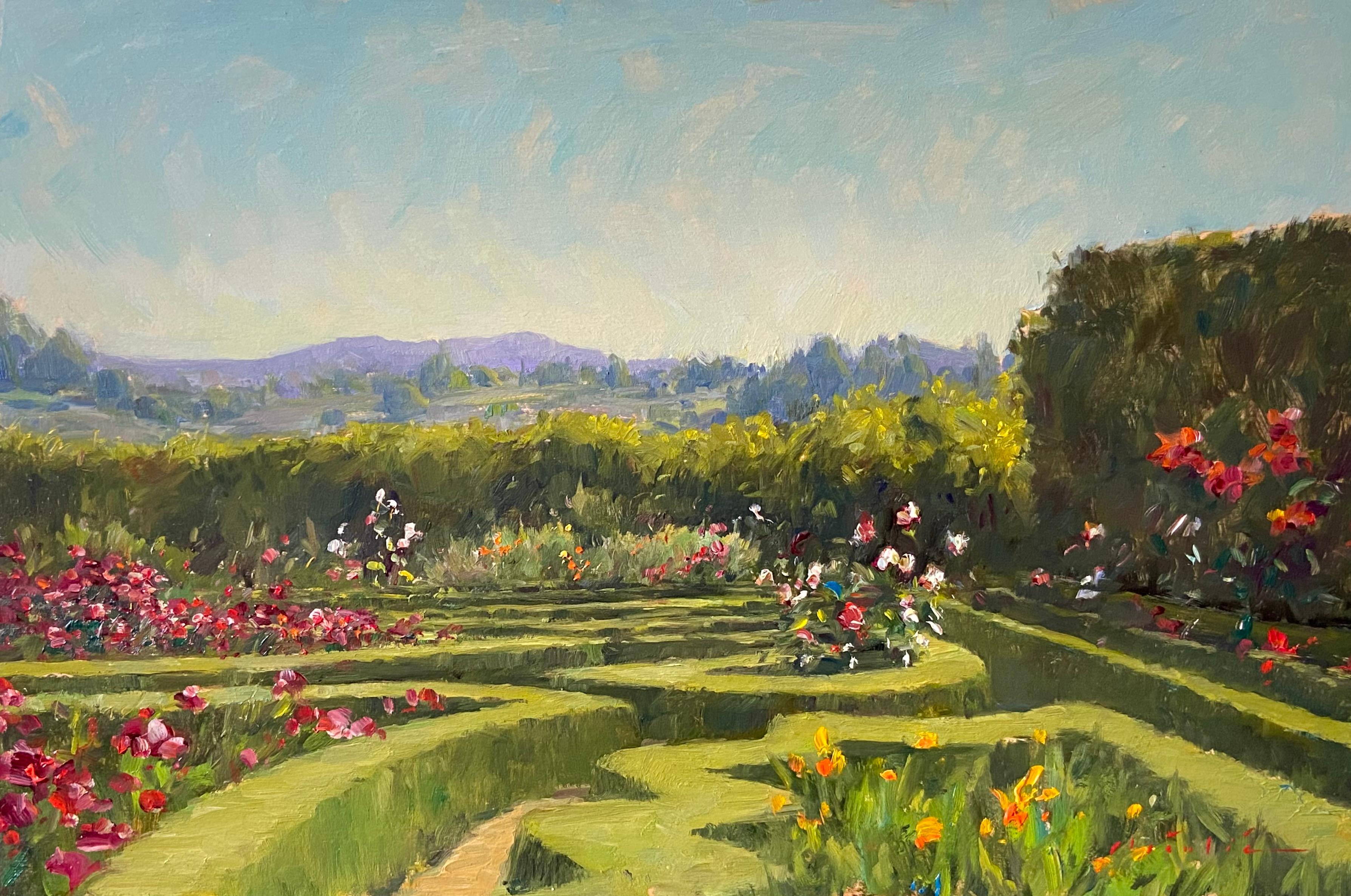 Still-Life Painting Tina Orsolic Dalessio - « Vue du jardin, Casa De Insua », peinture à l'huile, Portugal, jardins de château