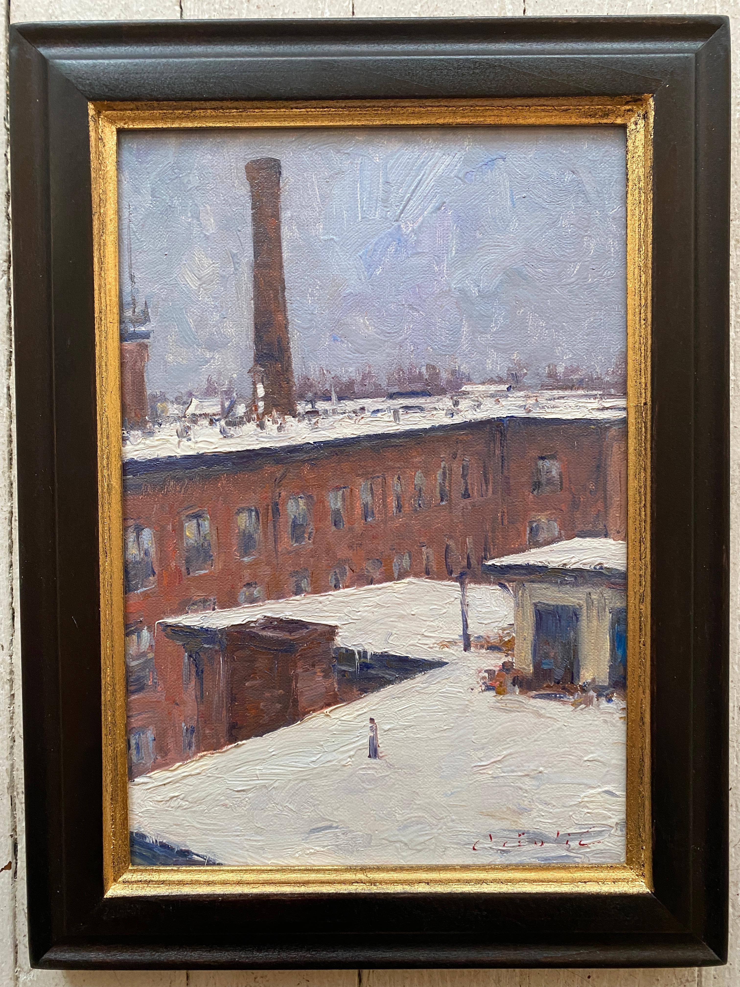 Waltham Mills Rooftops in the Snow - Painting by Tina Orsolic Dalessio