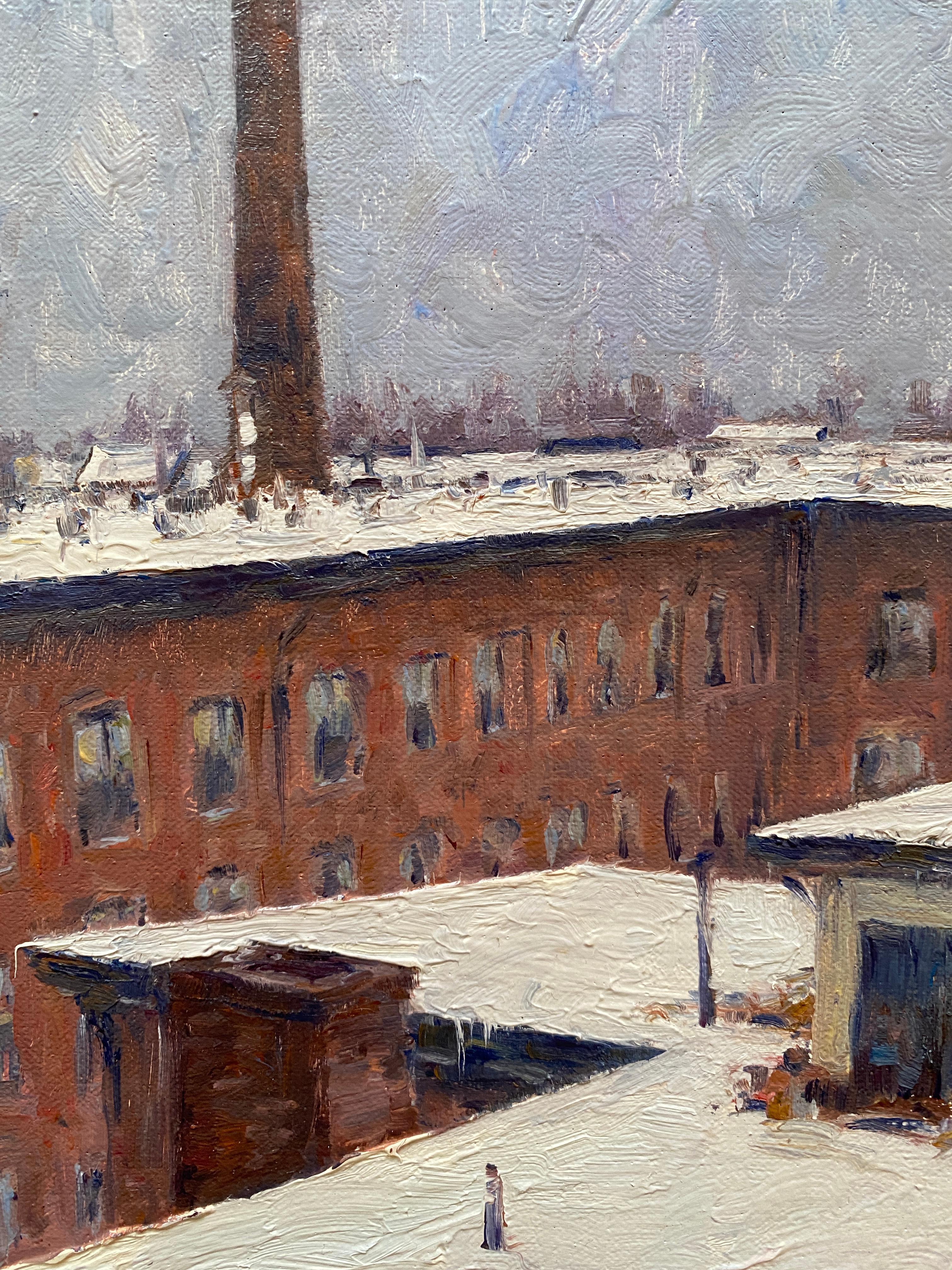 Oil painting of rooftops in the Snow, in Waltham, Massachusetts. Thick white paint lays a bed of snow atop roofs in an urban setting. A zig zag composition satisfies the viewer. 

Painting dimensions: 10 x 7 inches
Framed dimensions: 12 x 9