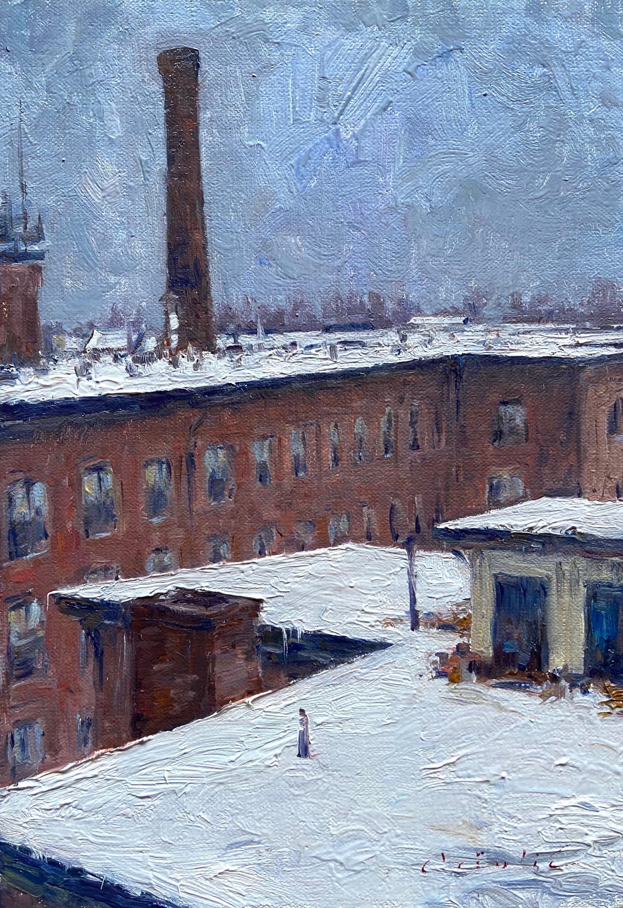 Tina Orsolic Dalessio Landscape Painting - Waltham Mills Rooftops in the Snow