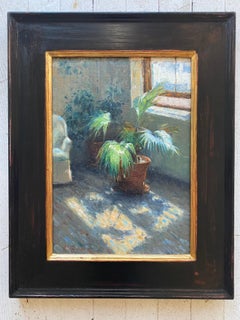 "Interno dello Studio A Waltham", pittura a olio di una pianta d'appartamento accanto a una finestra con luce naturale