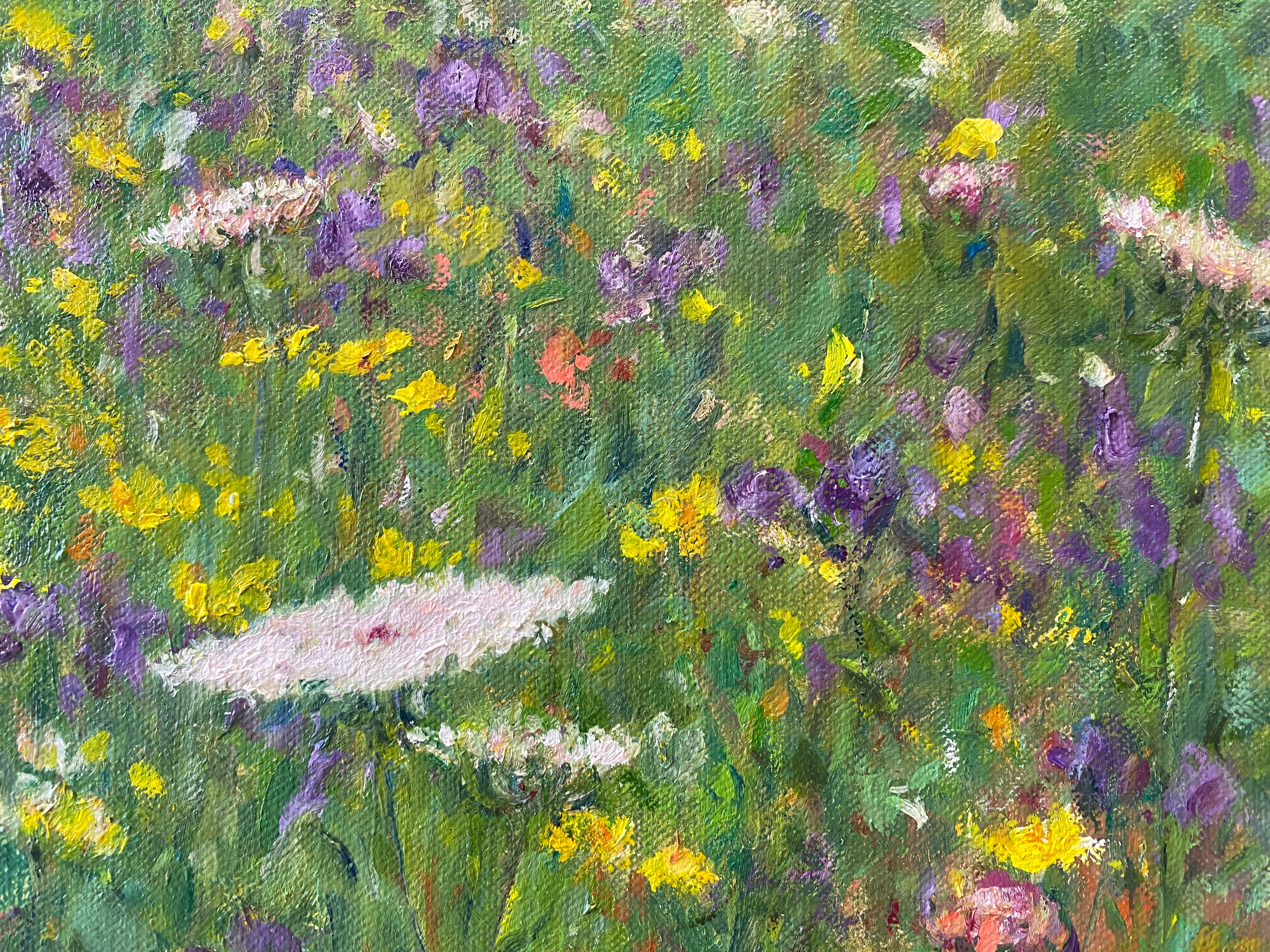 An oil painting of Wildflowers in a field. The painting's composition is a close-up of the field of flowers. There is no horizon, foreground or background. It's an all-over composition. A celebration of beauty in nature. Painted en plein air, in the