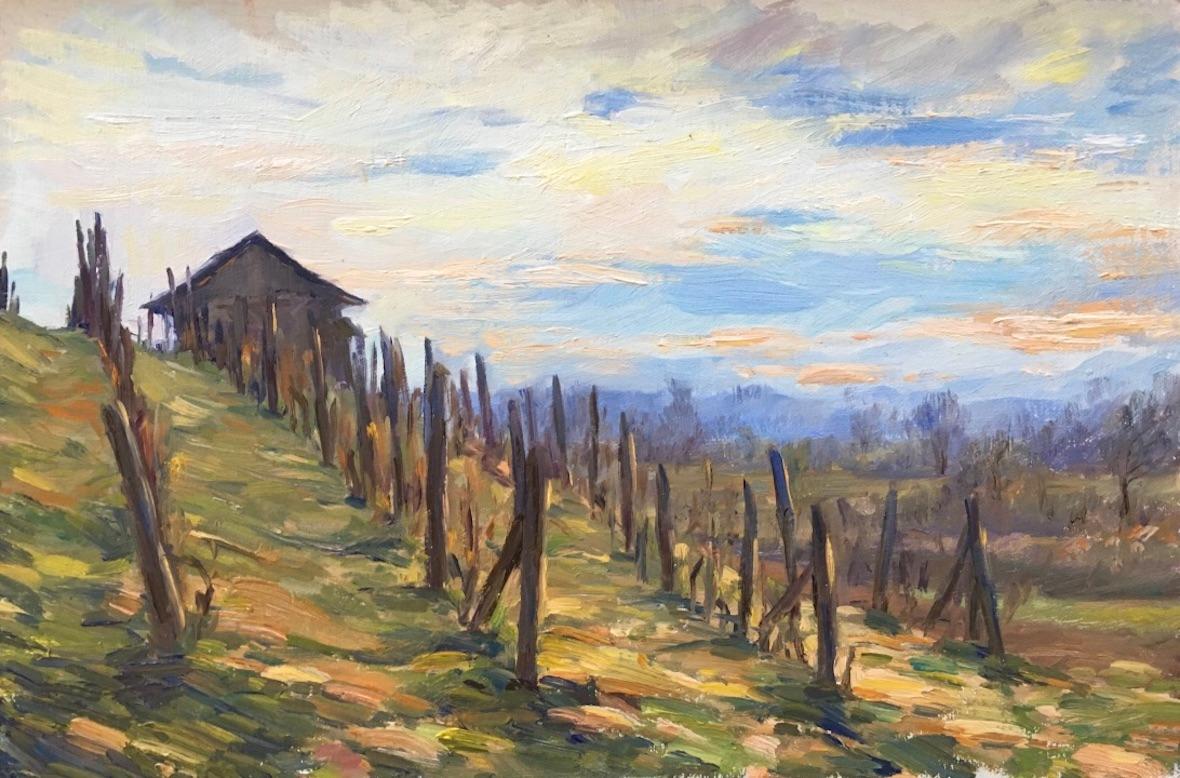 "Winter Vineyard, Zagorje" Contemporary Oil Painting Plein Air, Northern Croatia - Art by Tina Orsolic Dalessio