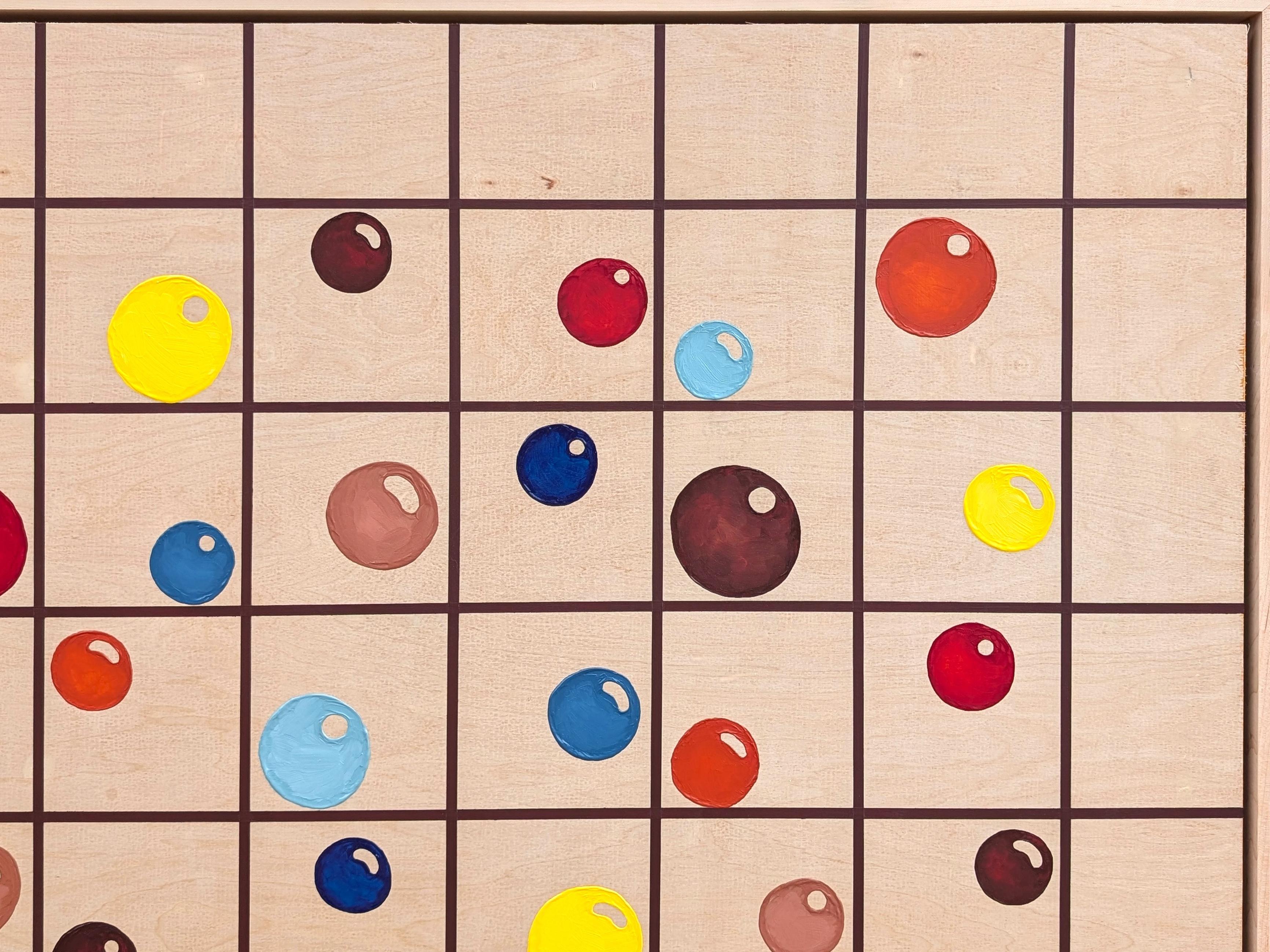 Colorful abstract geometric still life painting by contemporary artist Tina Ruyi. The work features blue, red, and yellow bubbles rising up out of a bright blue wavy tub with a grid overlaid on top. Signed and dated in the front lower right corner