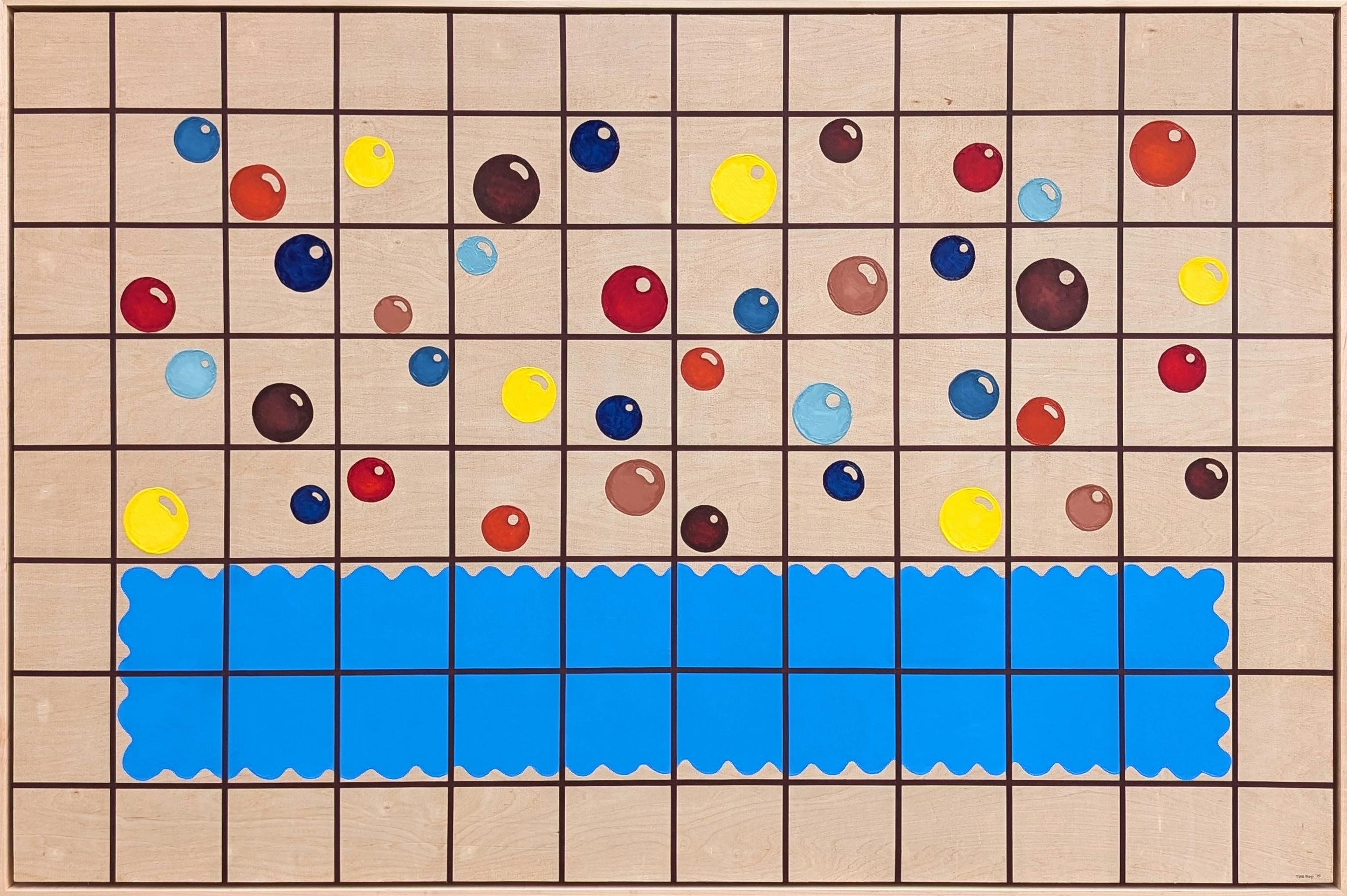 Tina Ruyi Abstract Painting - "Bubble Bath" Contemporary Colorful Blue, Red, & Yellow Geometric Abstract