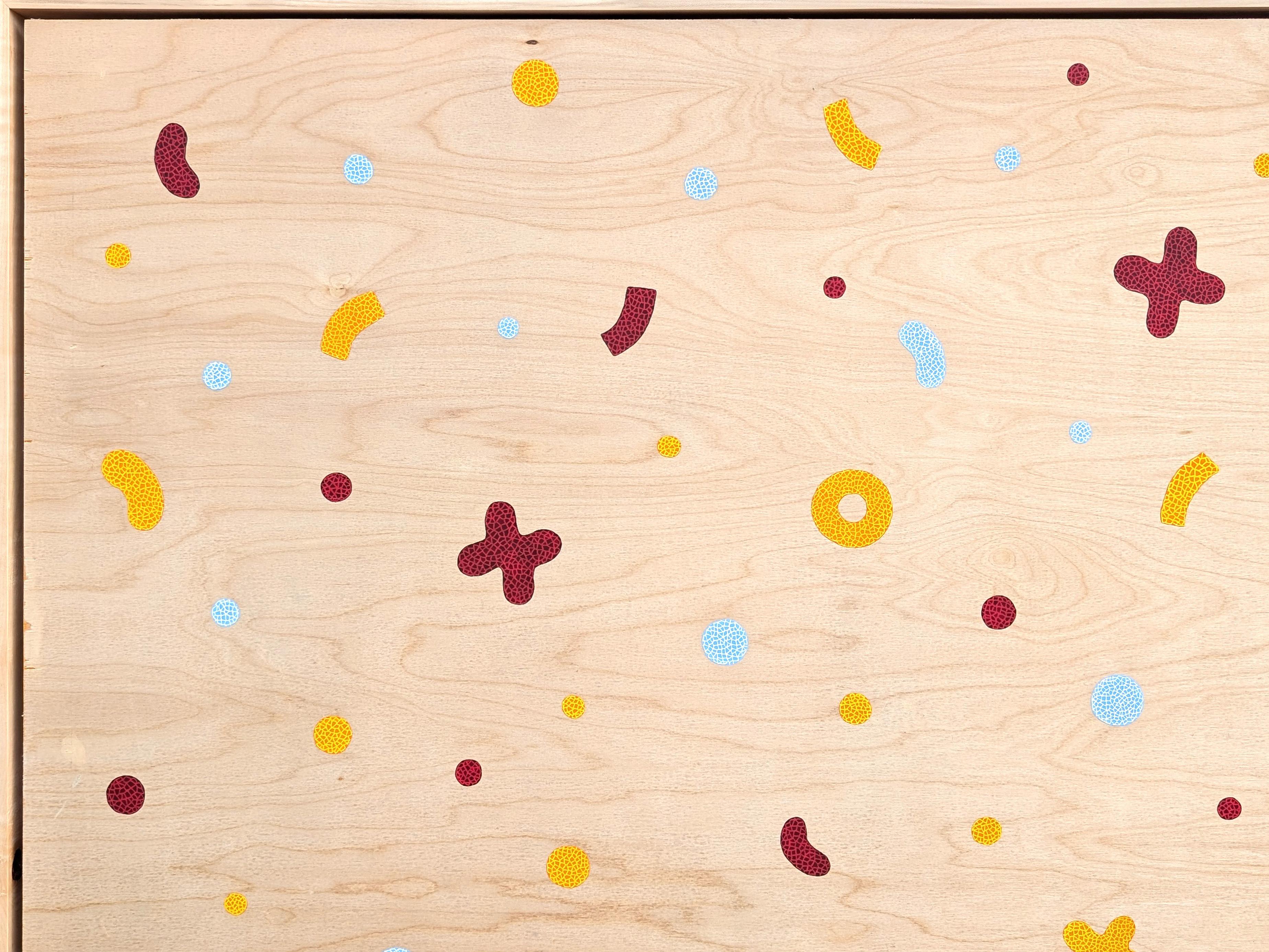 Colorful geometric abstract painting by contemporary artist Tina Ruyi. The work features an explosion of red, white, and yellow dots and shapes sprinkling up from behind a red lower block of color set against a wooden panel. Signed, titled, and