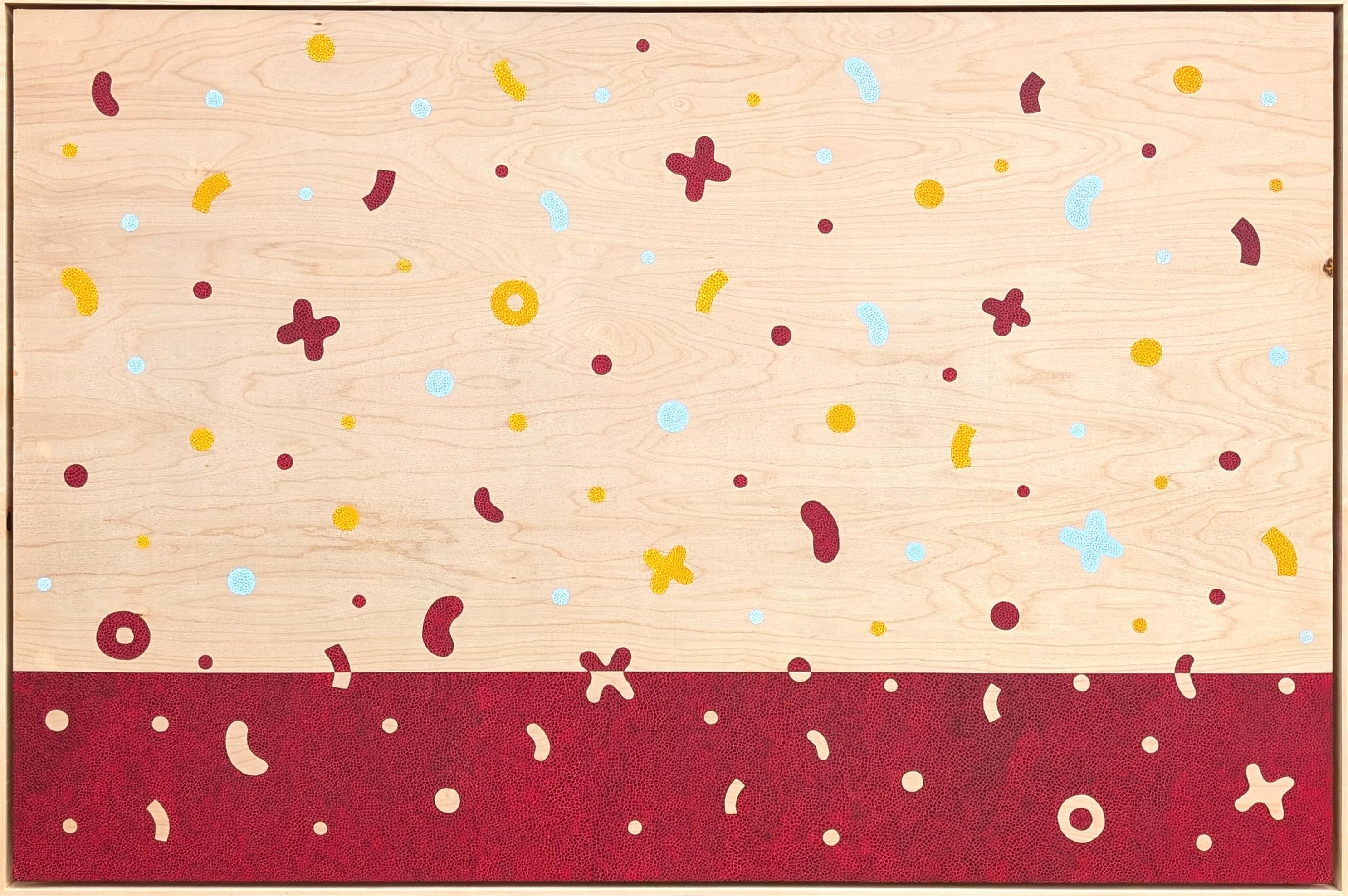 "Festa di coriandoli" Quadro geometrico colorato contemporaneo con forme rosse e gialle