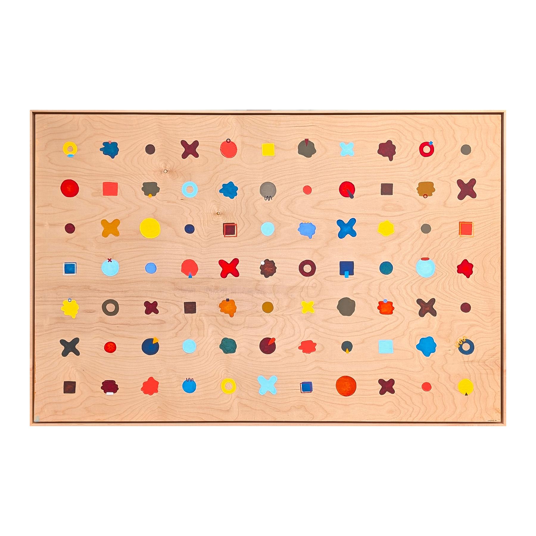 Colorful geometric abstract painting by contemporary artist Tina Ruyi. The work features an 11 x 7 grid of red, blue, and yellow toned abstract shapes against a wooden panel. Signed and dated in the front lower right corner as well as signed,