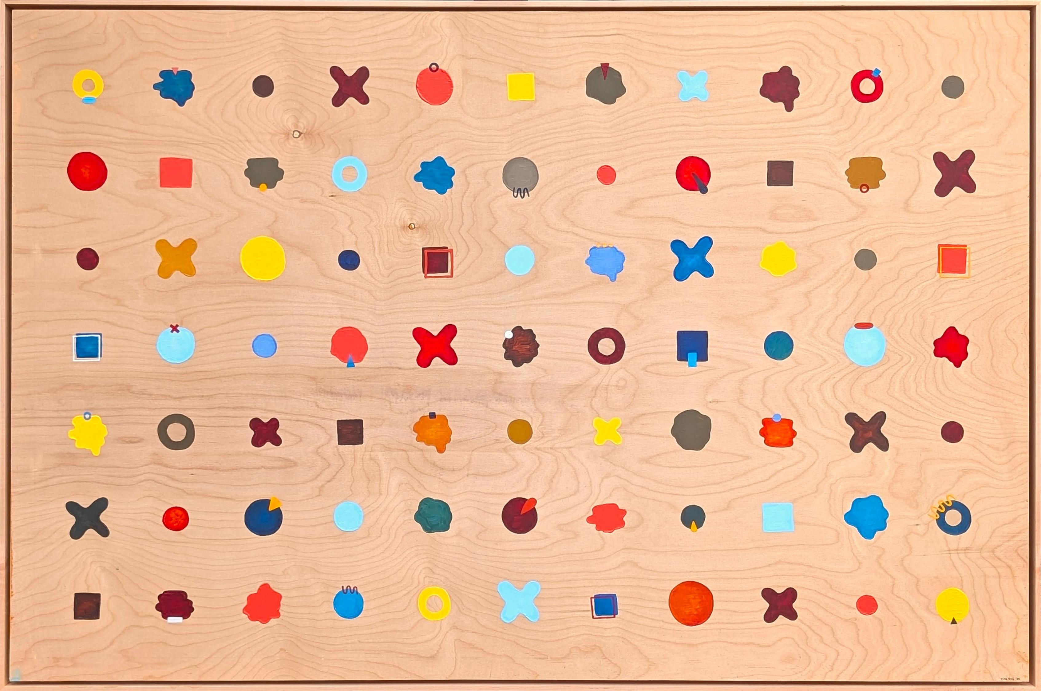 Tina Ruyi Abstract Painting - “Dots” Contemporary Colorful Geometric Blue, Red, & Yellow Dot Grid Painting