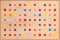 “Dots” Contemporary Colorful Geometric Blue, Red, & Yellow Dot Grid Painting