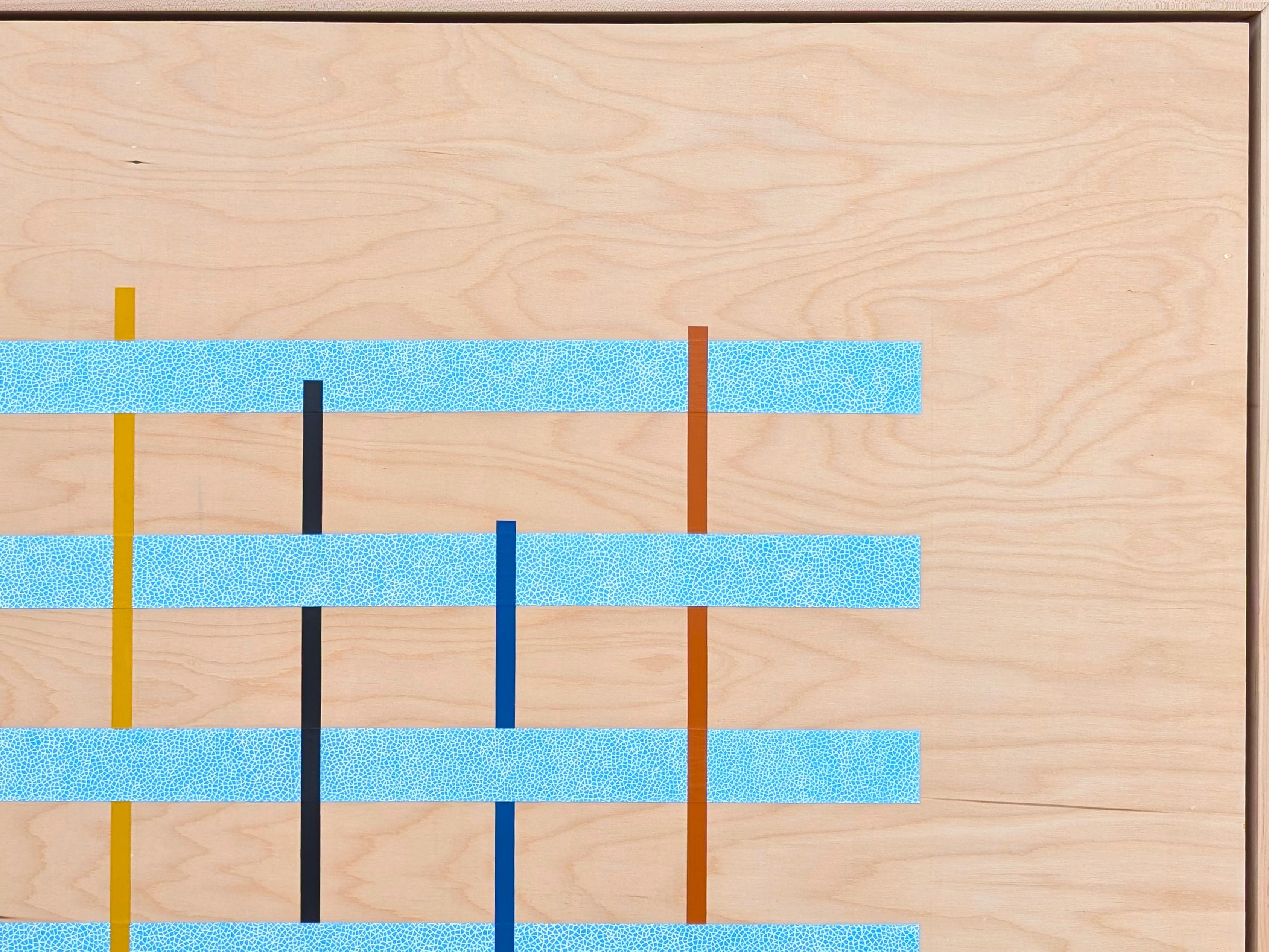 Colorful abstract geometric painting by contemporary artist Tina Ruyi. The work features blue, red, green, and yellow stripes woven between light blue blocks of color. Signed and dated in the front lower right corner as well as signed, titled, and