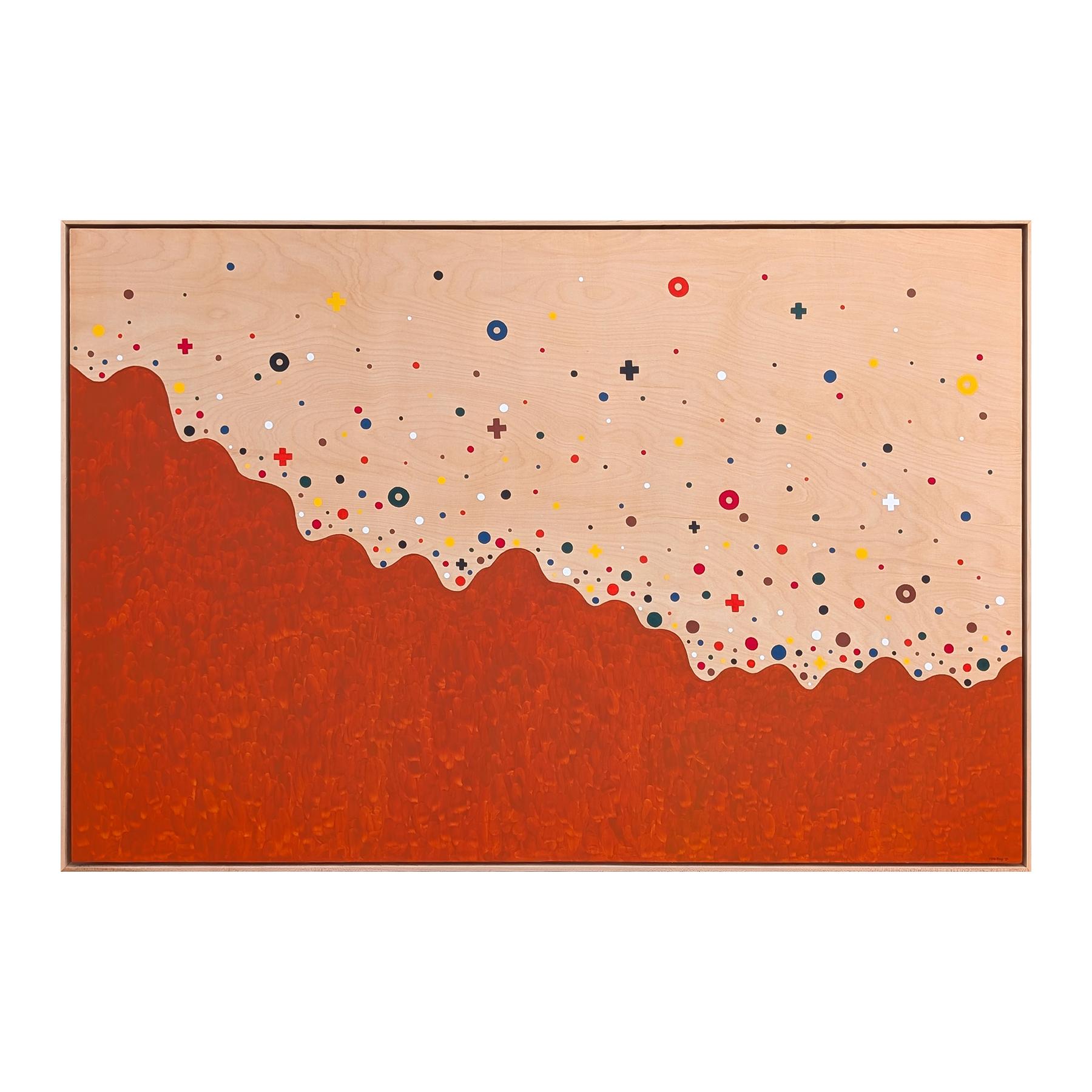 Colorful geometric abstract painting by contemporary artist Tina Ruyi. The work features an explosion of red, blue, and yellow dots and shapes sprinkling up from behind a red wavy shape set against a wooden panel. Signed and dated in the front lower