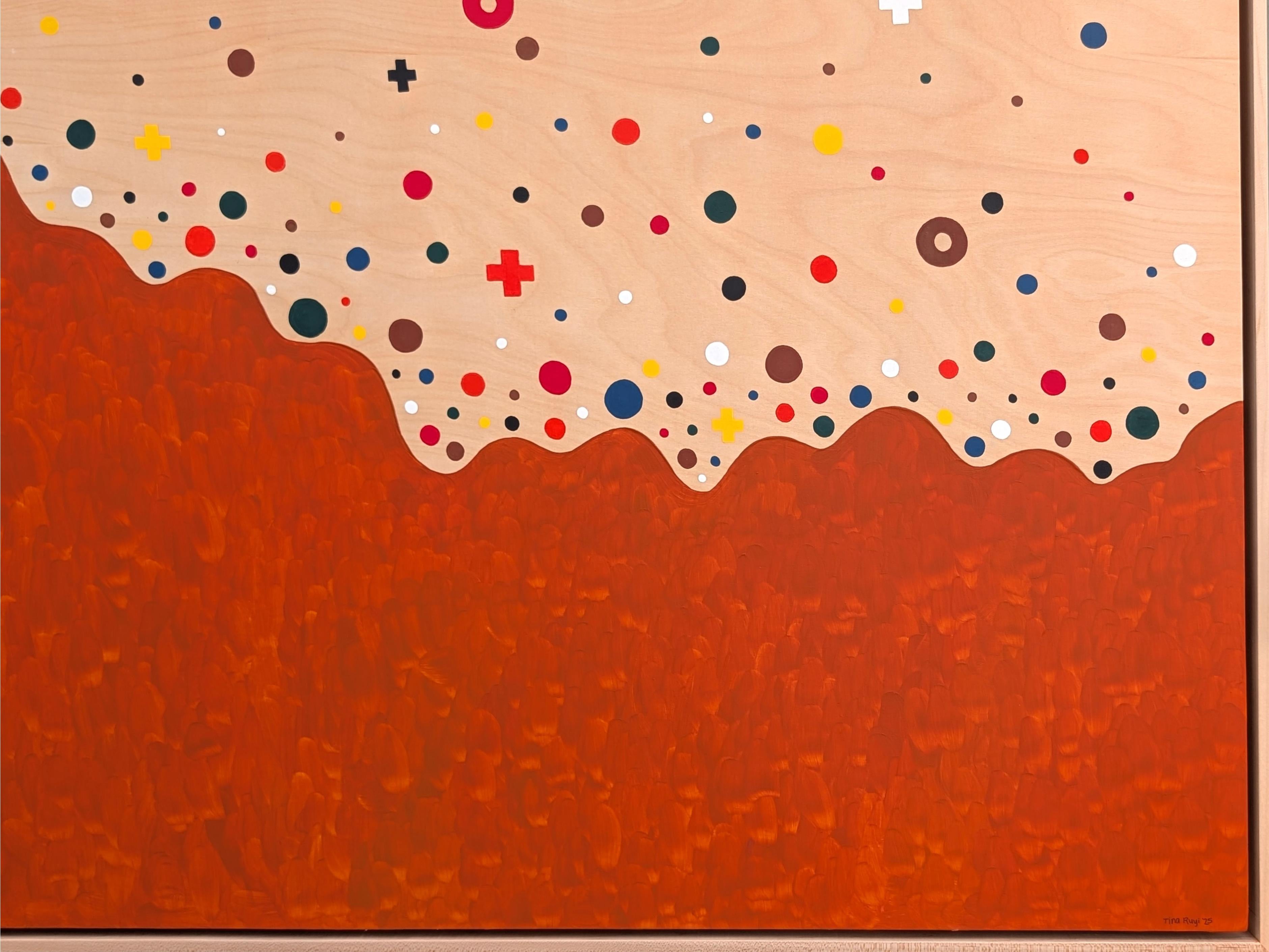 “Sprinkle” Contemporary Colorful Geometric Red, Blue, & Yellow Dot Painting For Sale 3