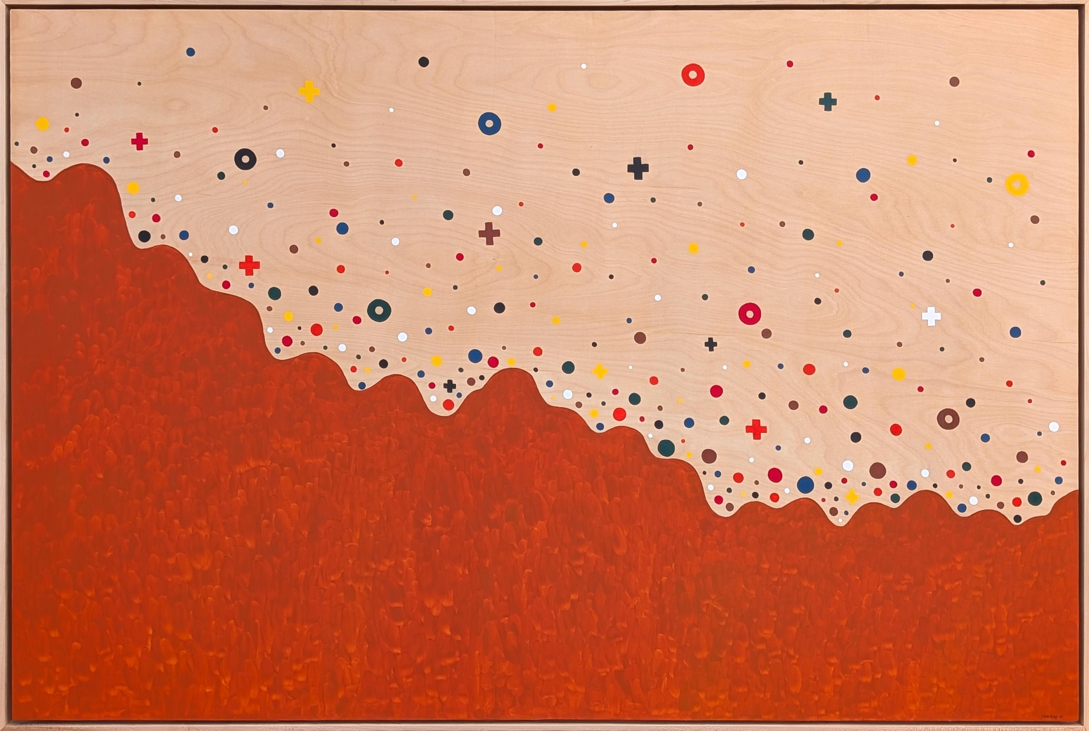 Tina Ruyi Abstract Painting - “Sprinkle” Contemporary Colorful Geometric Red, Blue, & Yellow Dot Painting